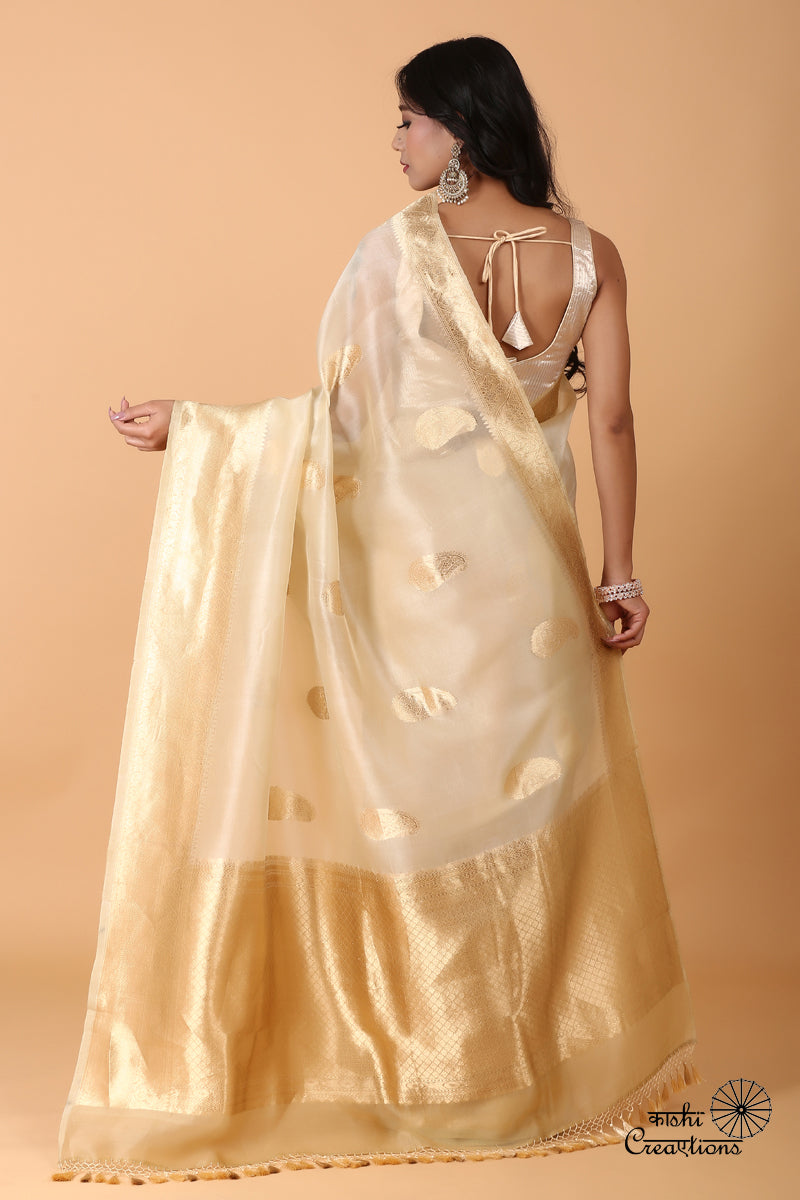 Cream and Golden Pure Kora Silk Handloom Banarasi Saree