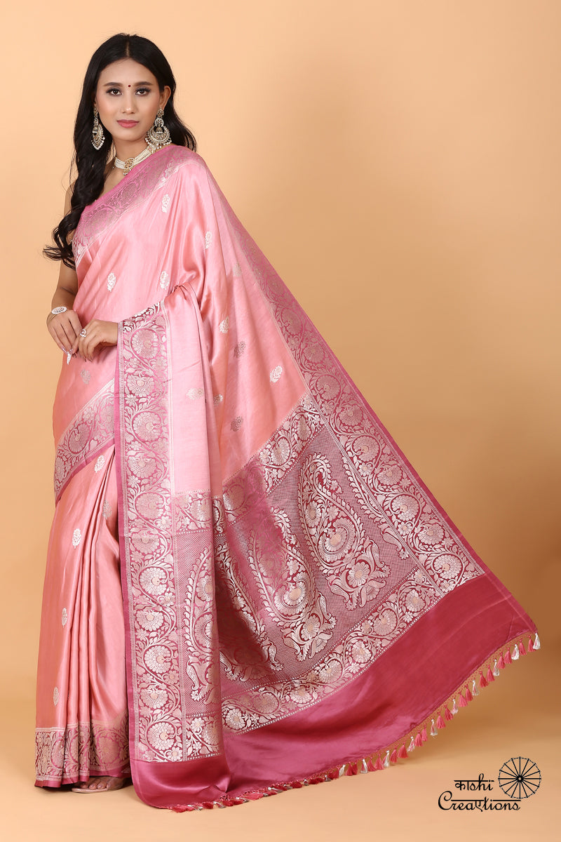 Lotus Pink Shaded Pure Mashru Silk Handwoven Banarasi Saree