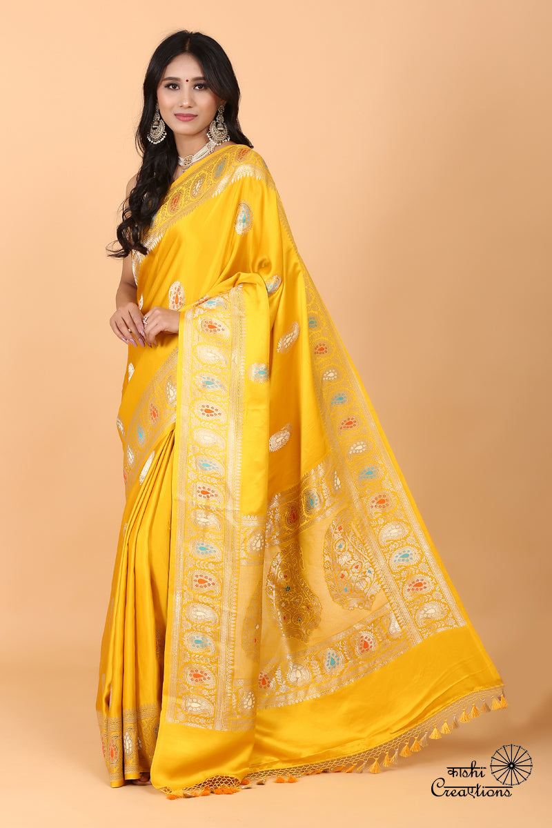 Mustard Yelllow Pure Mashru Silk Handwoven Banarasi Saree