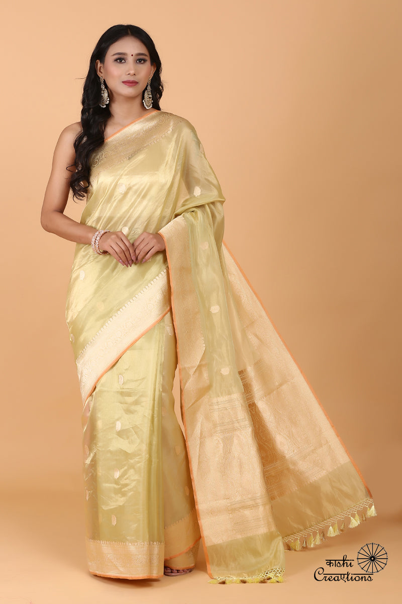 Pista Green Pure Kora Tissue Silk Handloom Banarasi Saree