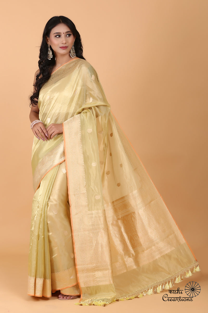 Pista Green Pure Kora Tissue Silk Handloom Banarasi Saree