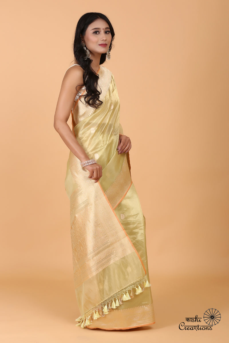 Pista Green Pure Kora Tissue Silk Handloom Banarasi Saree