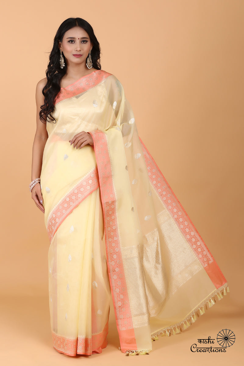 Light Yellow and Pure Kora Silk Handwoven Banarasi Saree