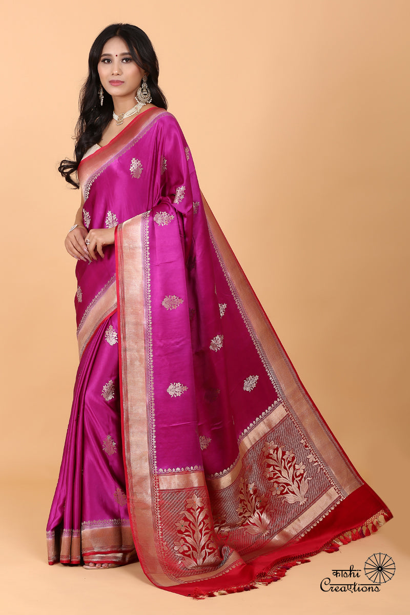 Magenta and Red Pure Mashru Silk Handwoven Banarasi Saree