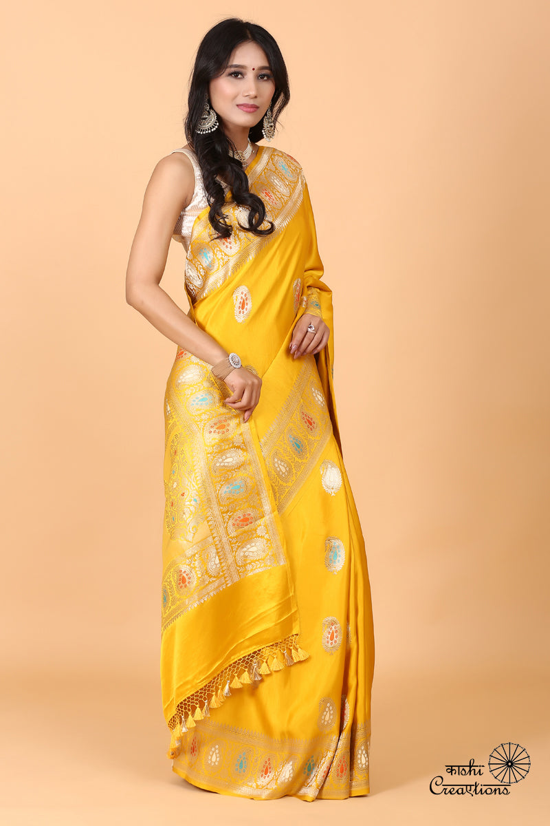 Mustard Yelllow Pure Mashru Silk Handwoven Banarasi Saree