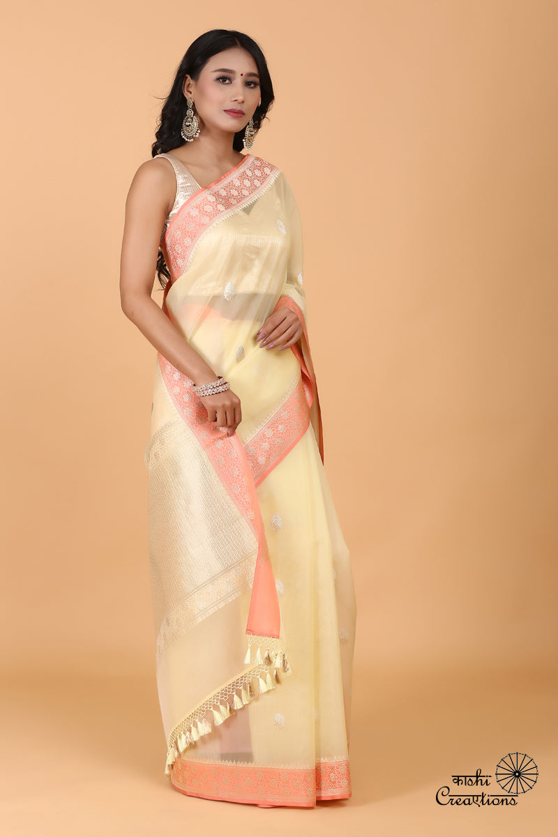 Light Yellow and Pure Kora Silk Handwoven Banarasi Saree