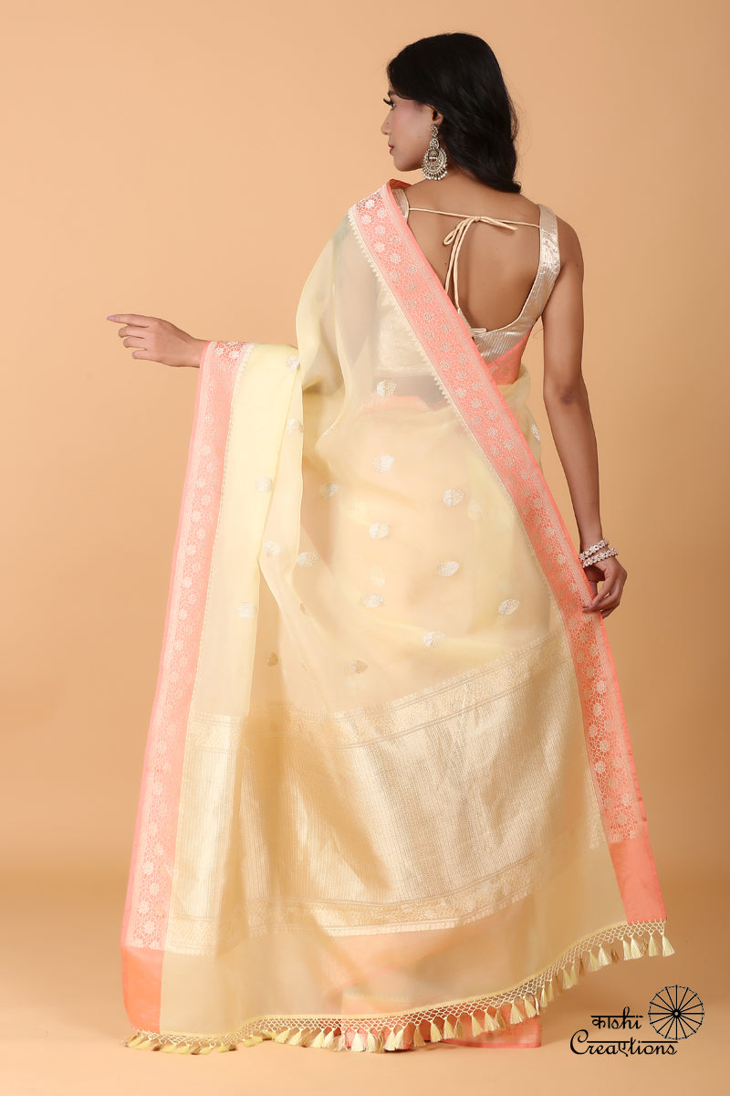 Light Yellow and Pure Kora Silk Handwoven Banarasi Saree