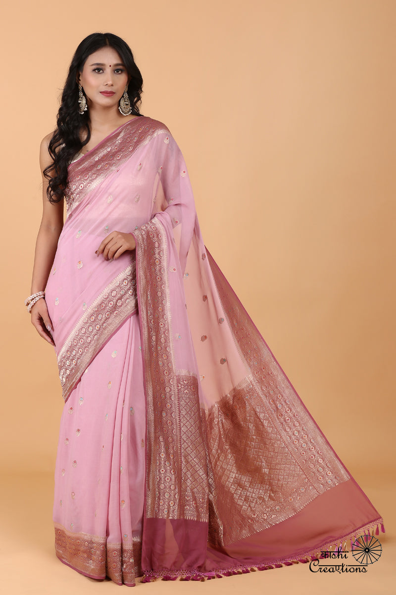 Lilac Shaded Pure Chiffon Georgette Handloom Banarasi Saree