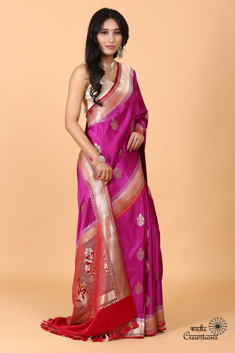 Magenta and Red Pure Mashru Silk Handwoven Banarasi Saree