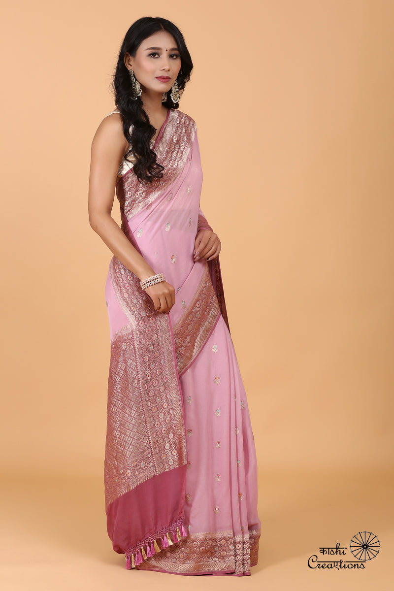 Lilac Shaded Pure Chiffon Georgette Handloom Banarasi Saree