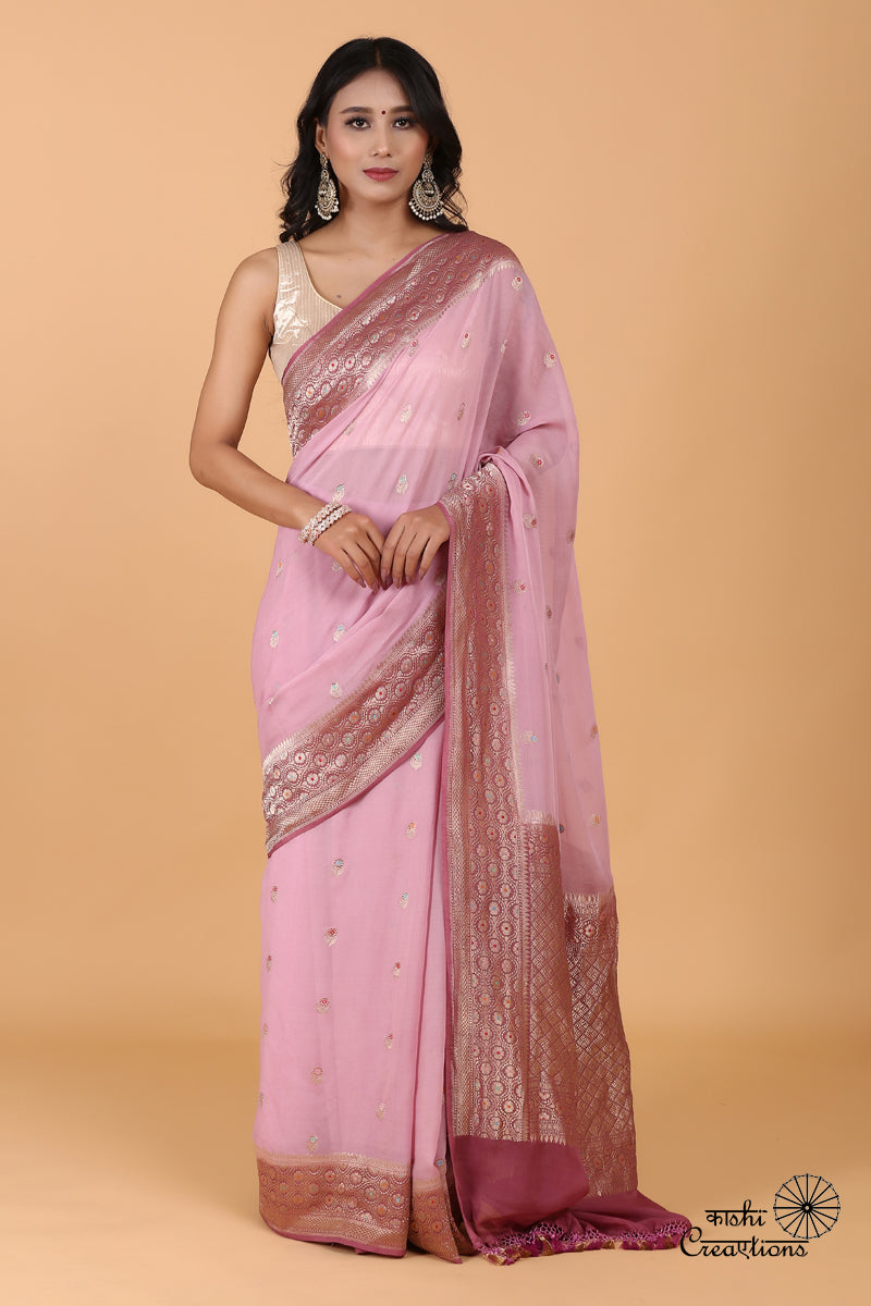 Lilac Shaded Pure Chiffon Georgette Handloom Banarasi Saree