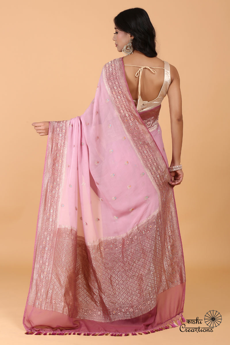Lilac Shaded Pure Chiffon Georgette Handloom Banarasi Saree
