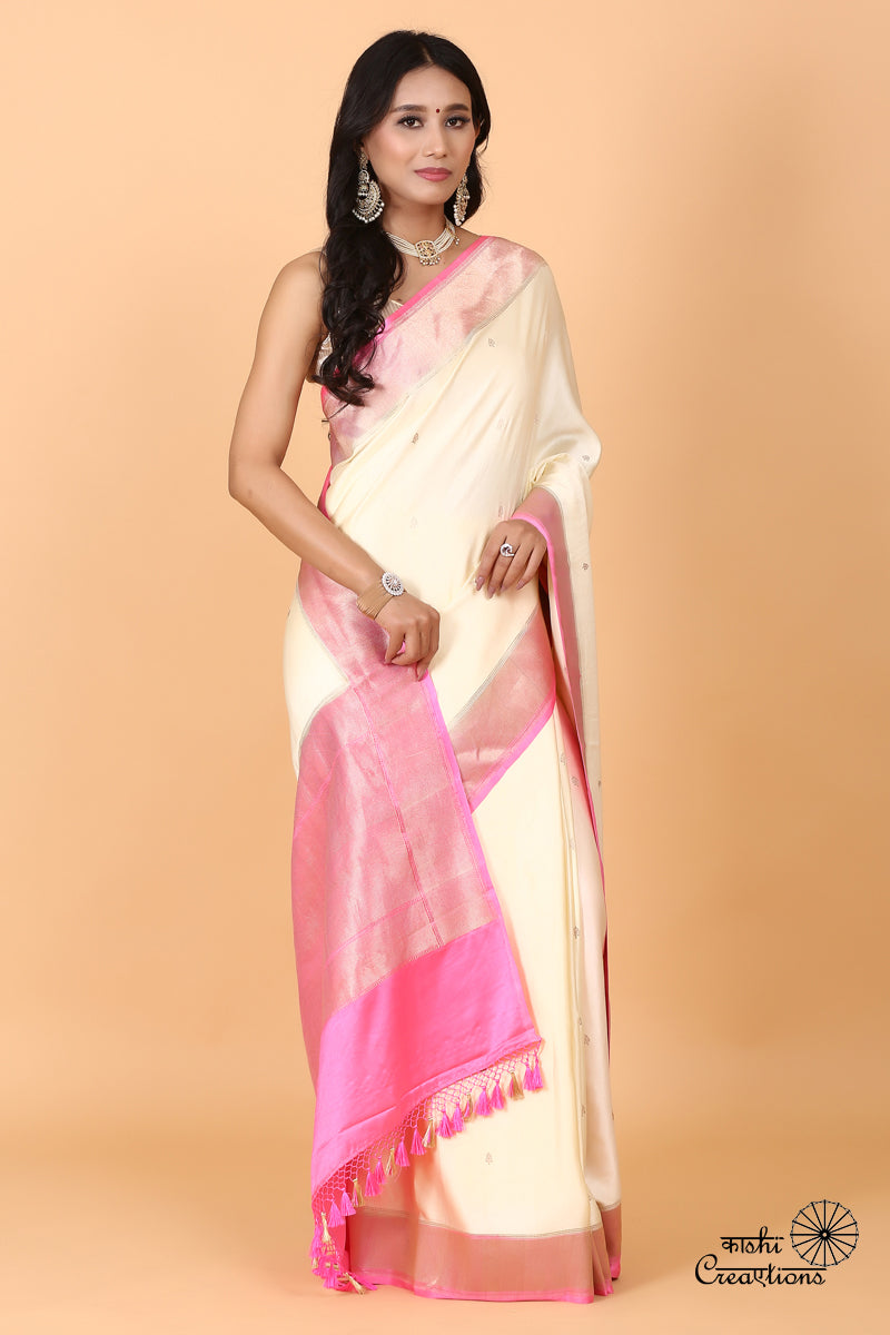 Cream and Pink Pure Mashru Silk Handwoven Banarasi Saree