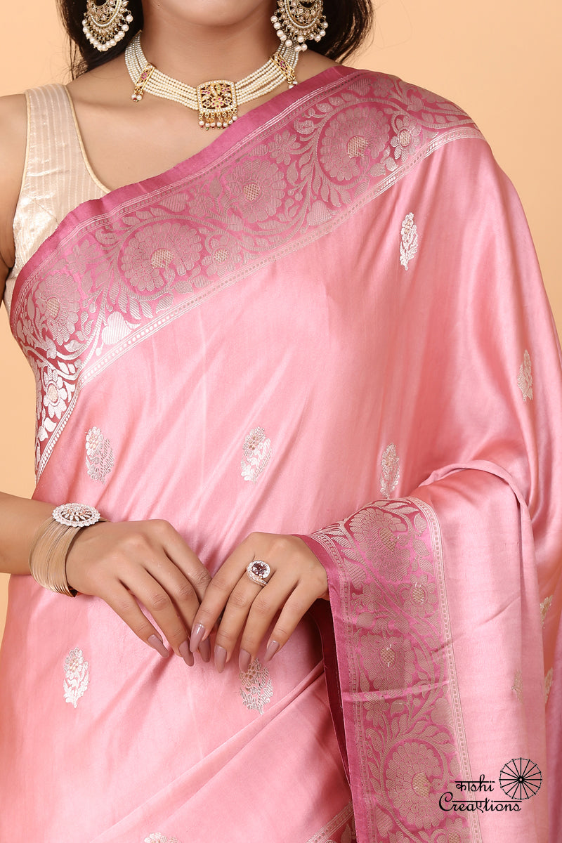 Lotus Pink Shaded Pure Mashru Silk Handwoven Banarasi Saree