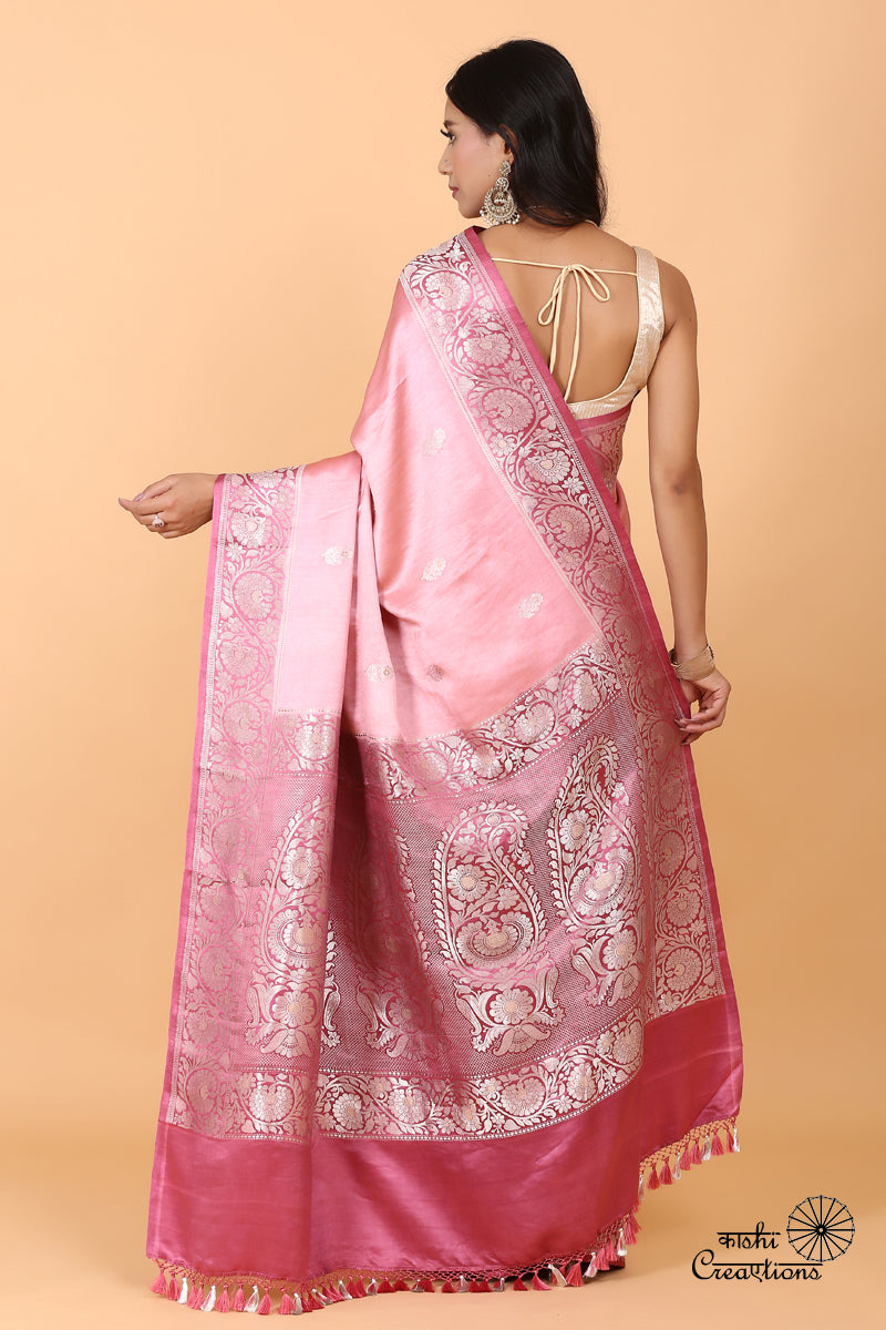 Lotus Pink Shaded Pure Mashru Silk Handwoven Banarasi Saree