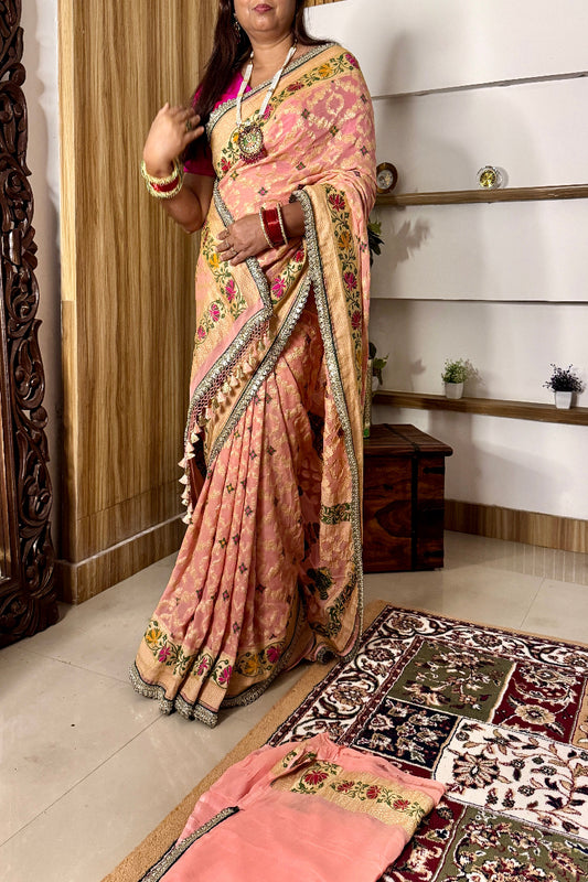 Peach Pure Khaddi Georgette Handloom Banarasi Saree