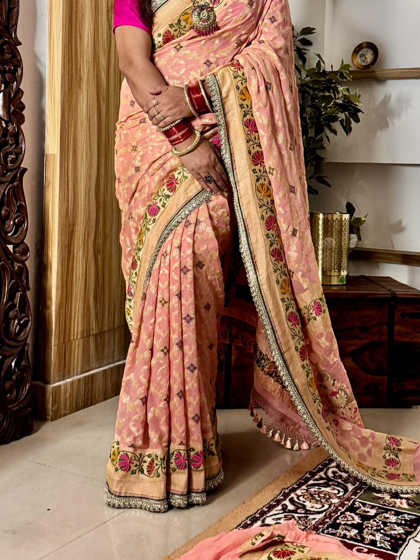 Peach Pure Khaddi Georgette Handloom Banarasi Saree