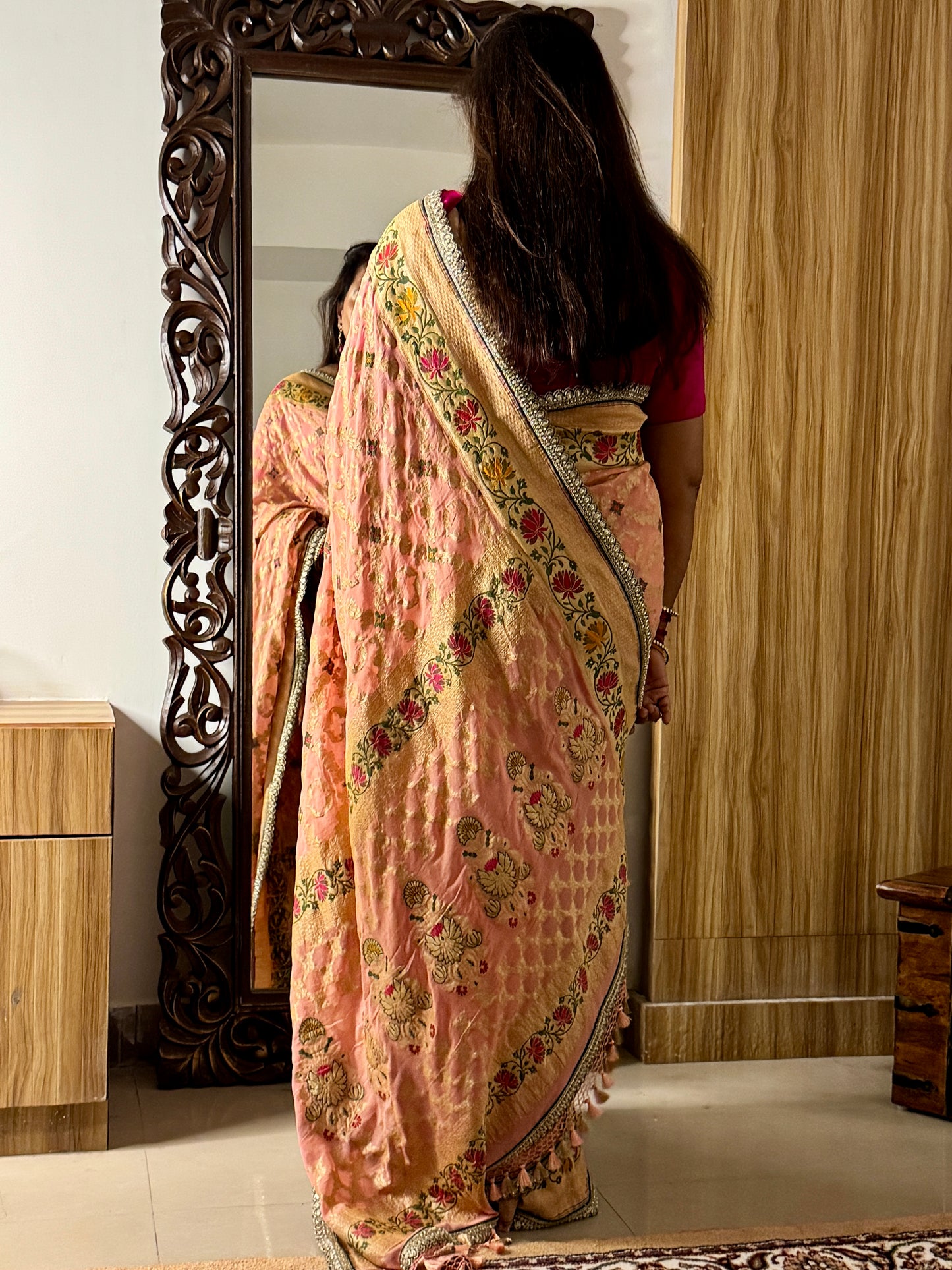 Peach Pure Khaddi Georgette Handloom Banarasi Saree