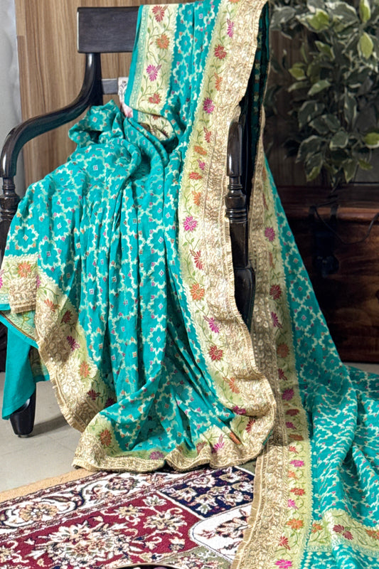 Sea Green  Pure Khaddi Georgette Handloom Banarasi Saree