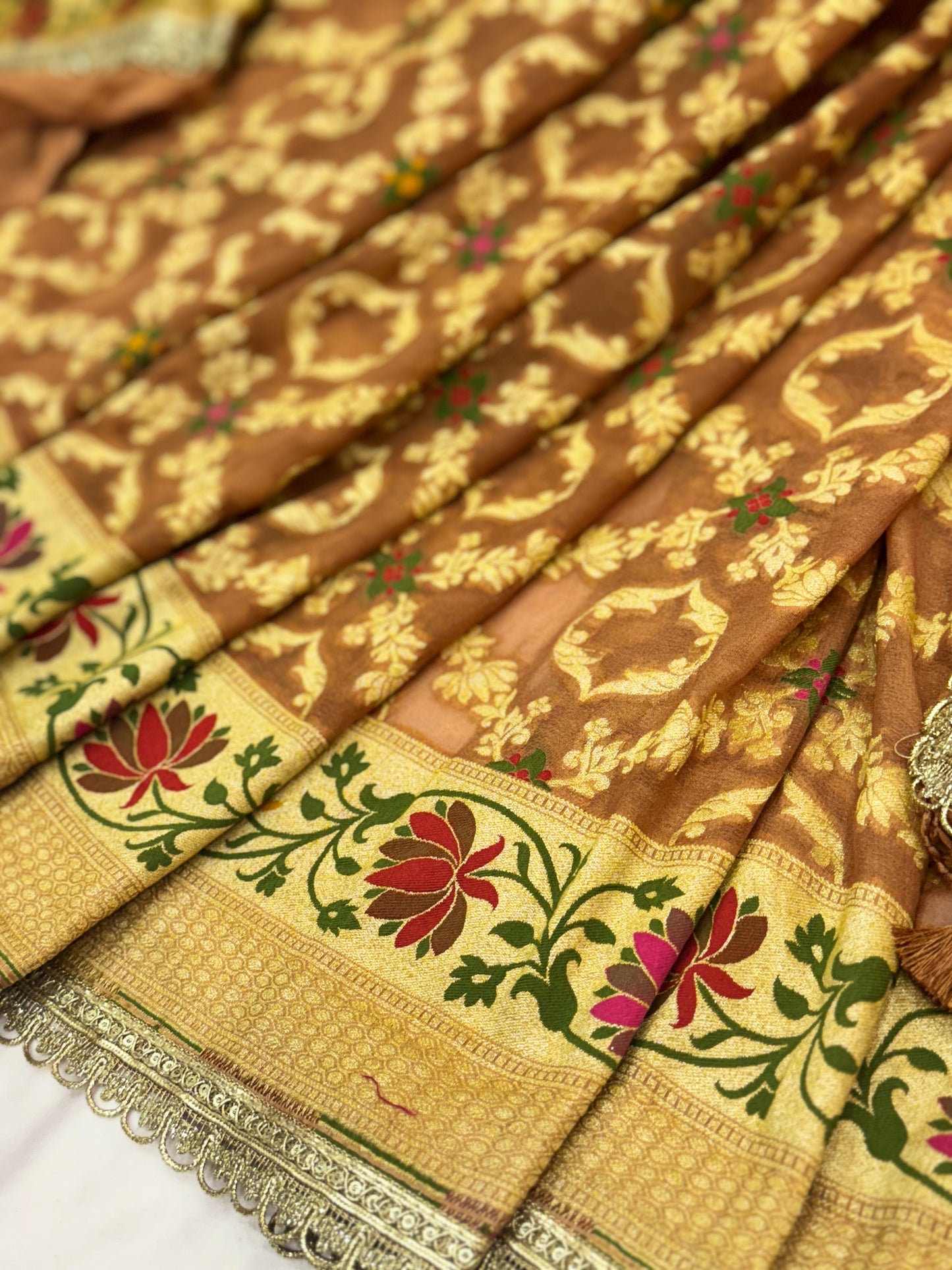 Light Brown  Pure Khaddi Georgette Handloom Banarasi Saree