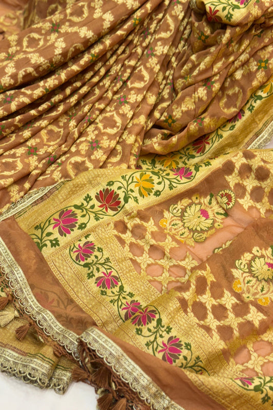 Light Brown  Pure Khaddi Georgette Handloom Banarasi Saree