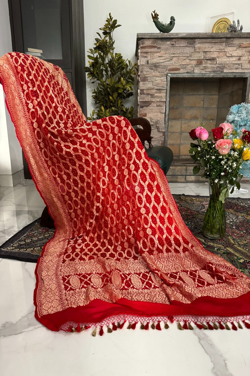 Red Pure Georgette Banarasi Bandhej Handwoven Dupatta
