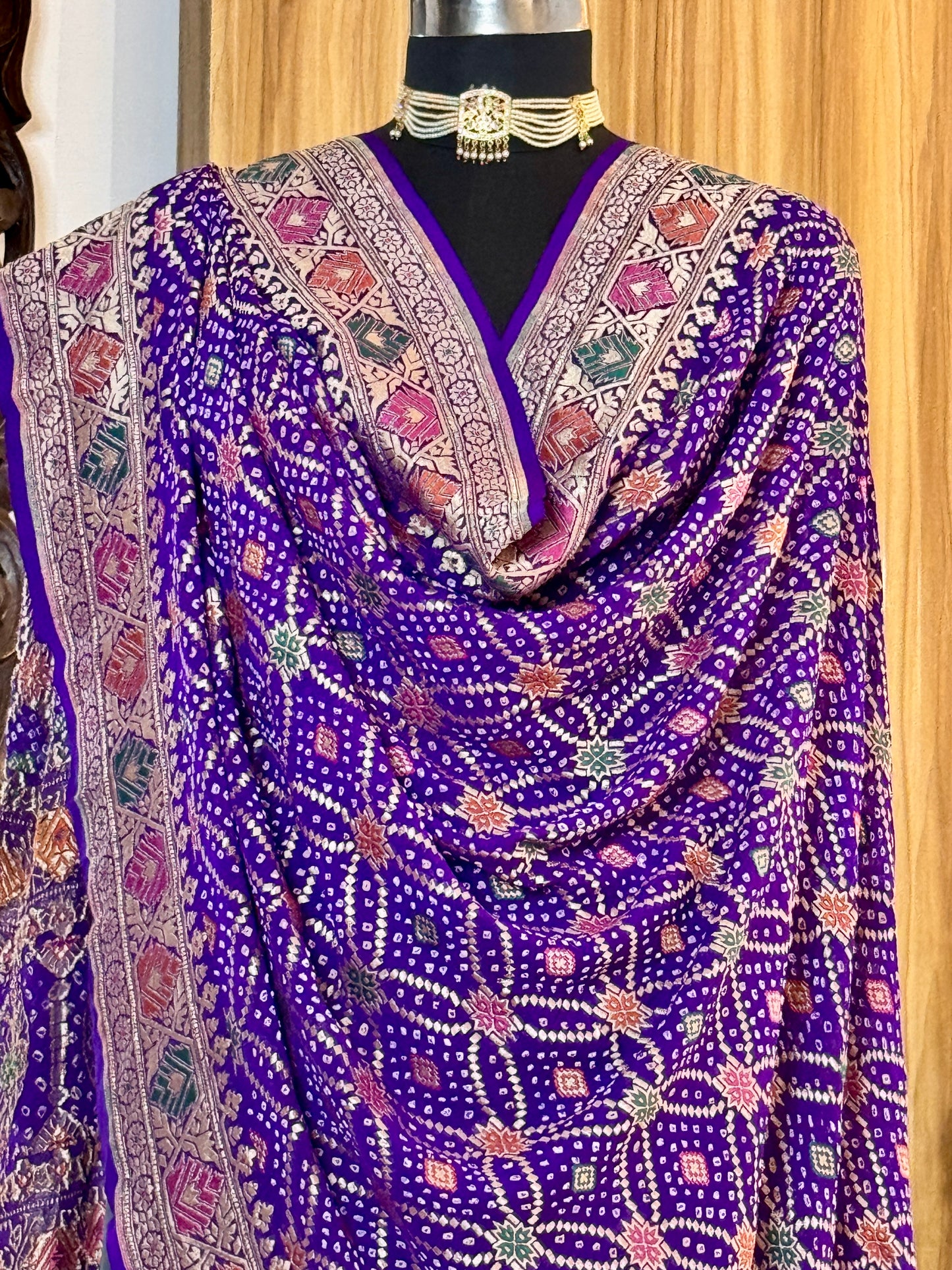 Deep Purple Bandhej Pure Georgette Silk Handwoven Dupatta