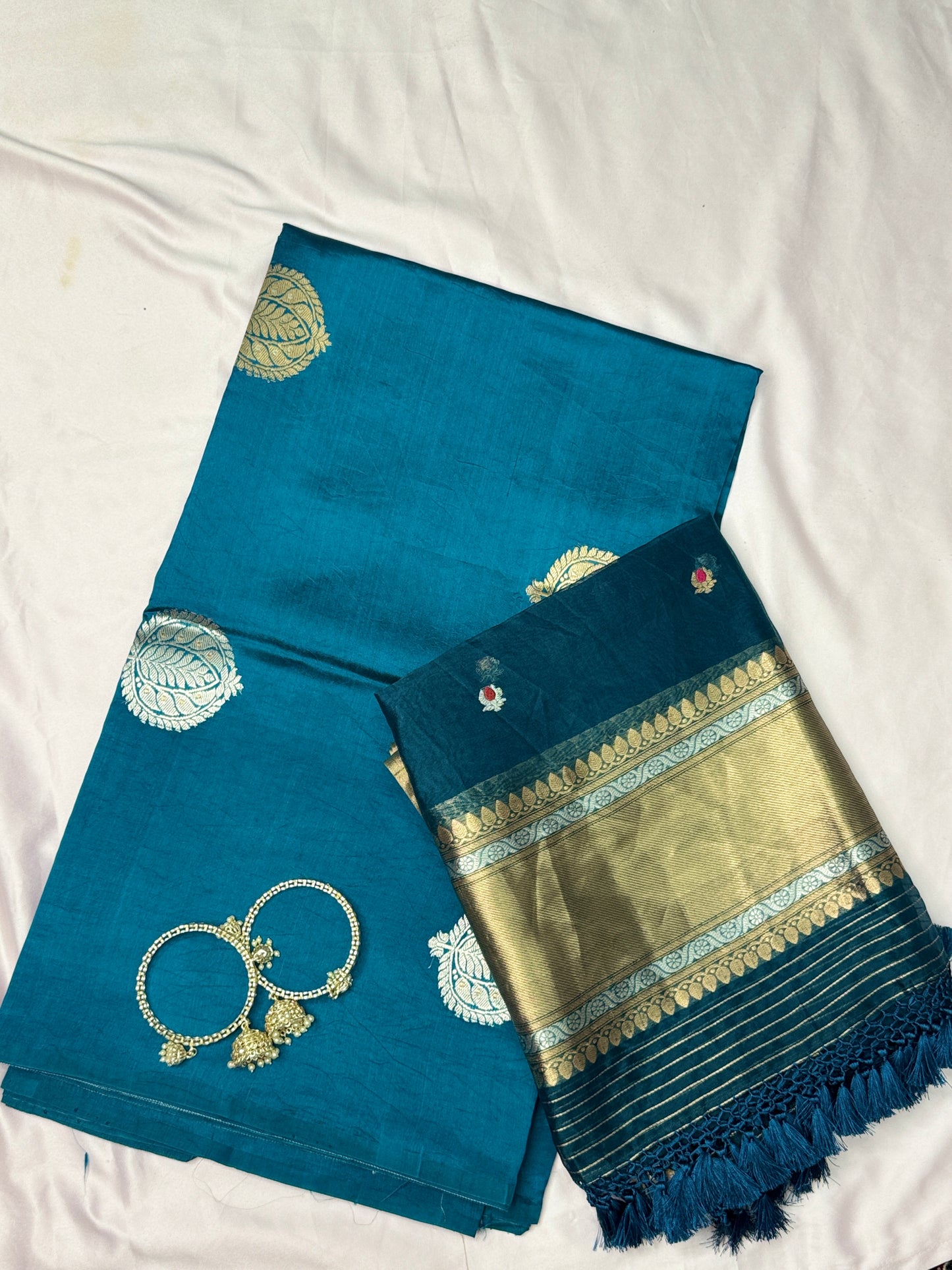 Teal blue Pure Katan Silk Handloom Suit Set