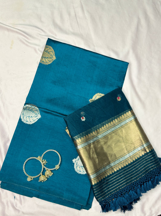 Teal blue Pure Katan Silk Handloom Suit Set