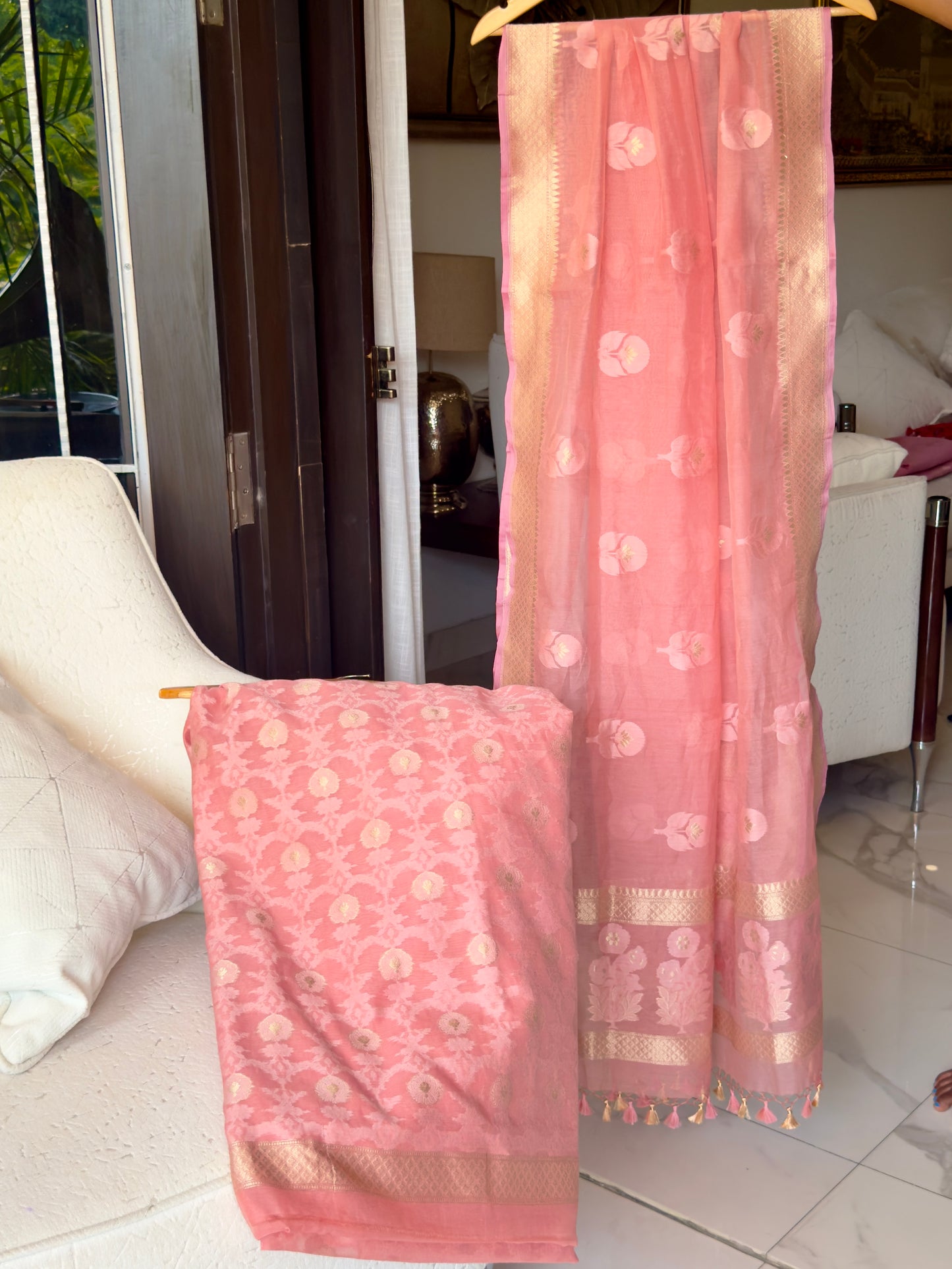 Peach Pure Kora Cotton Handloom Banarasi Suit Set