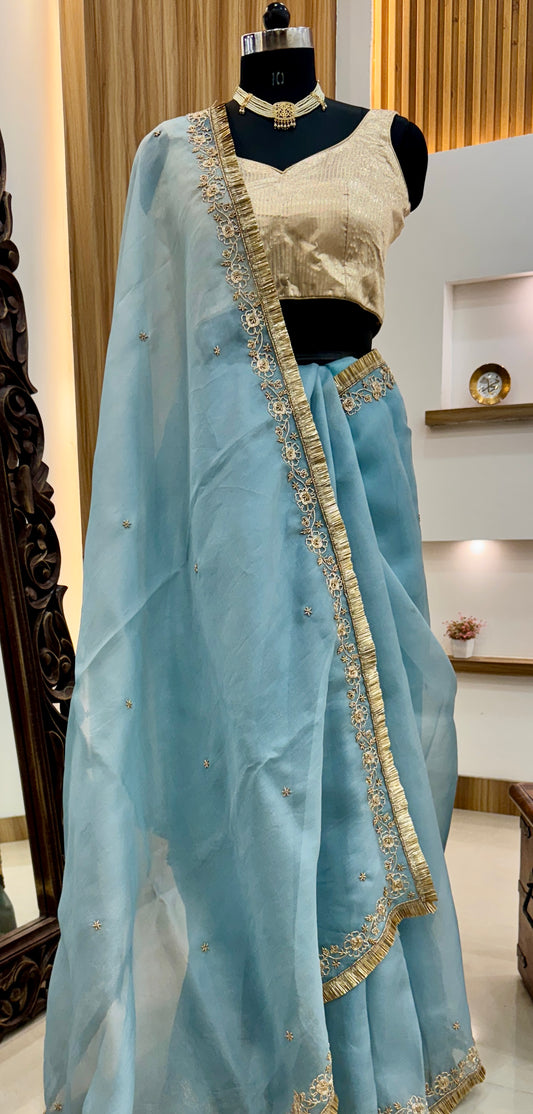 Powder Blue Hand Embrodery Pure Kora Silk Saree