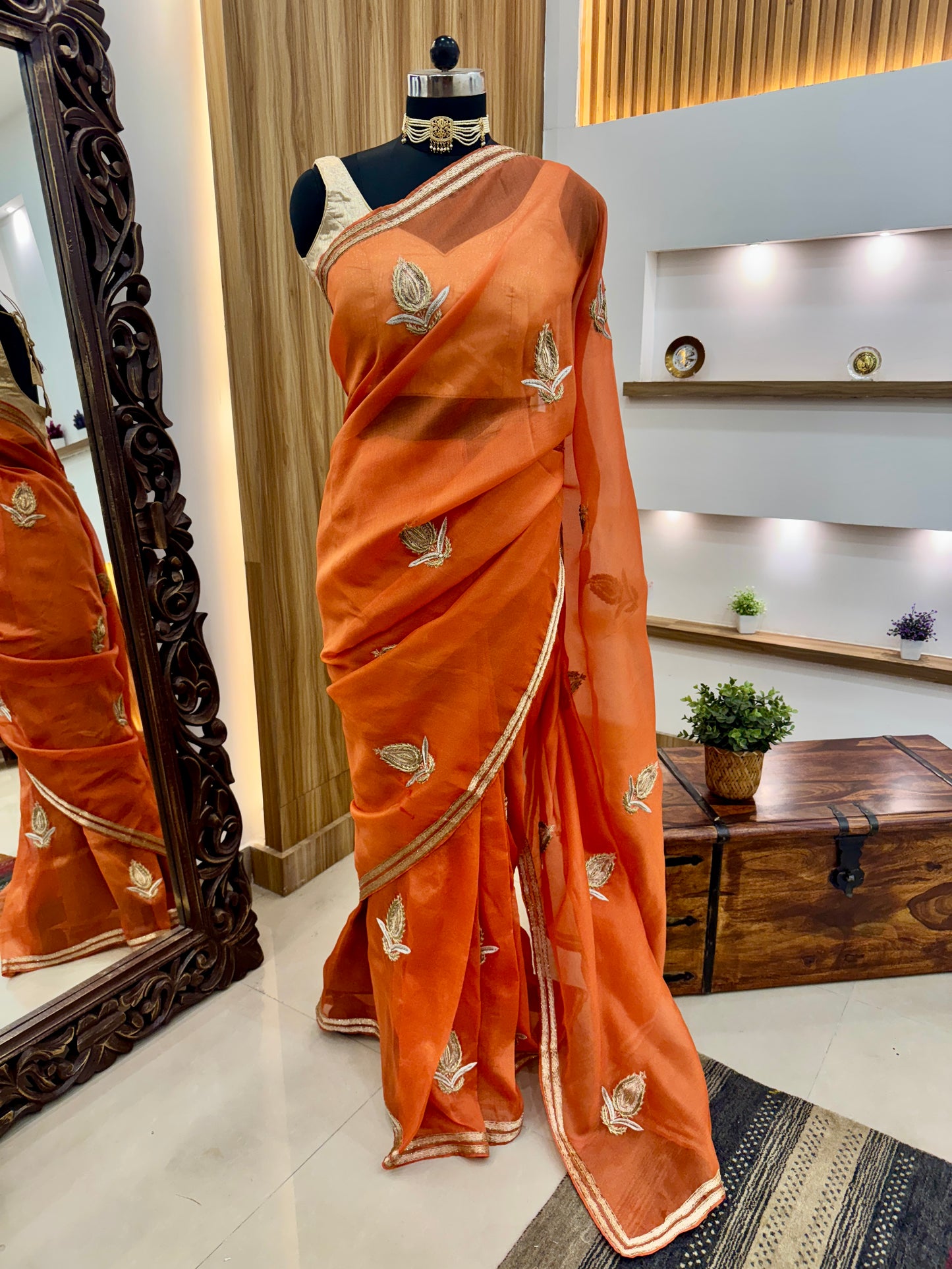 Rust Pure Kora Silk Hand Embroidery Saree