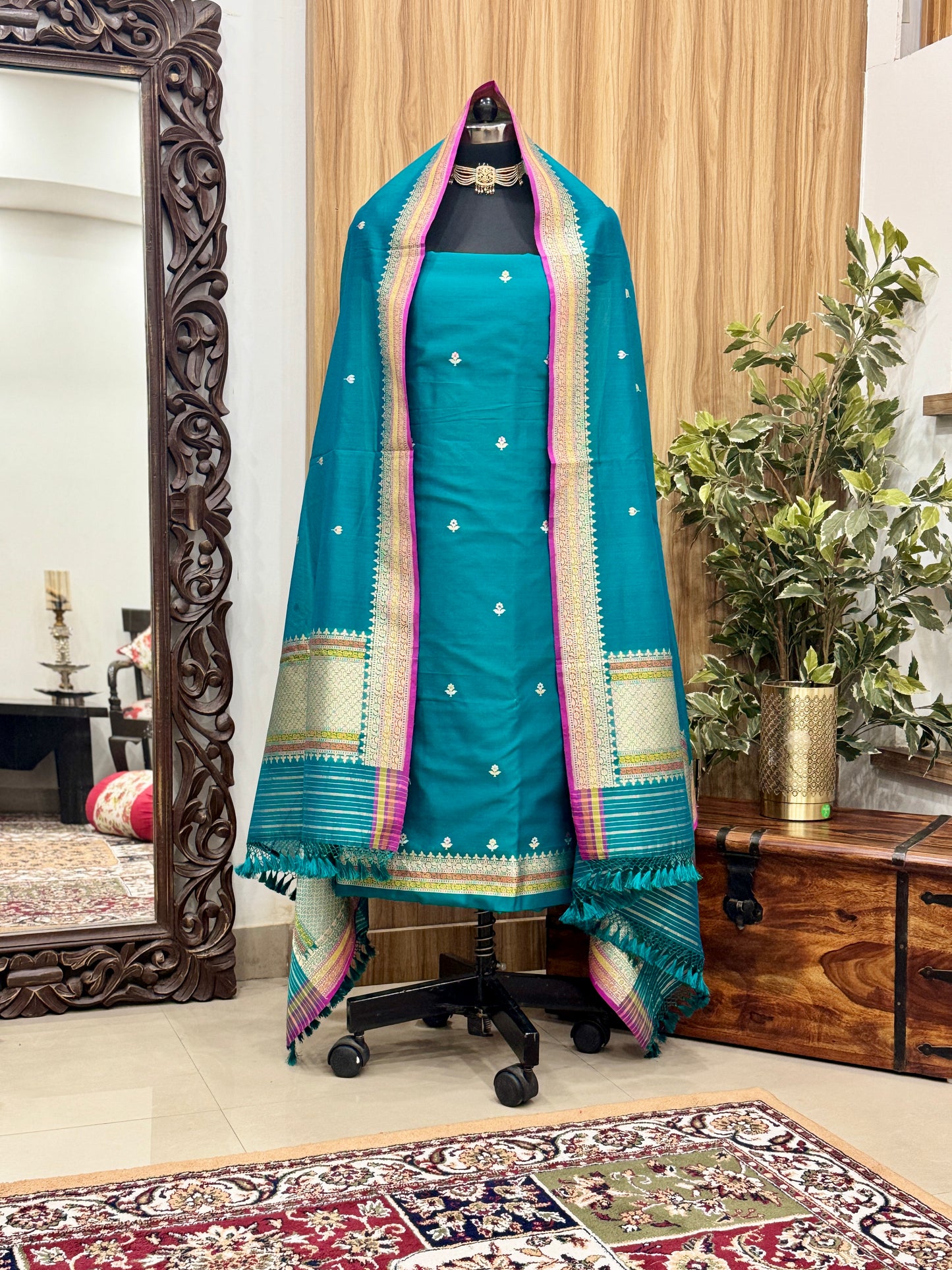 Teal Green Pure Cotton Handloom Banarasi Suit