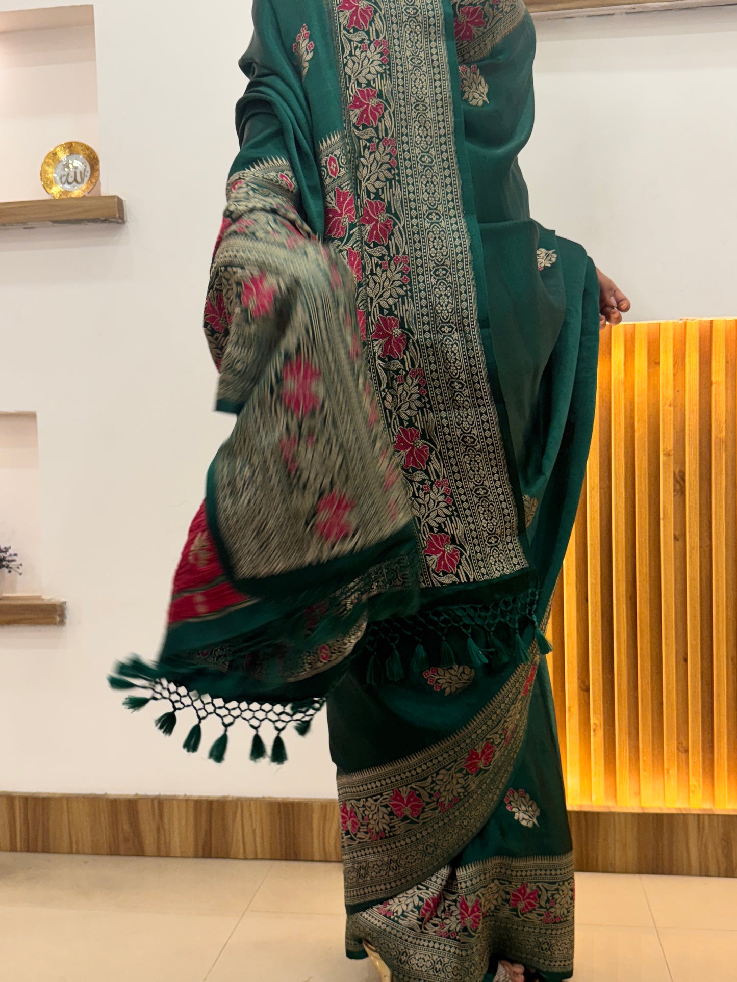 Bottle Green Pure Mashru Silk Handwoven Banarasi Saree with Meenakari