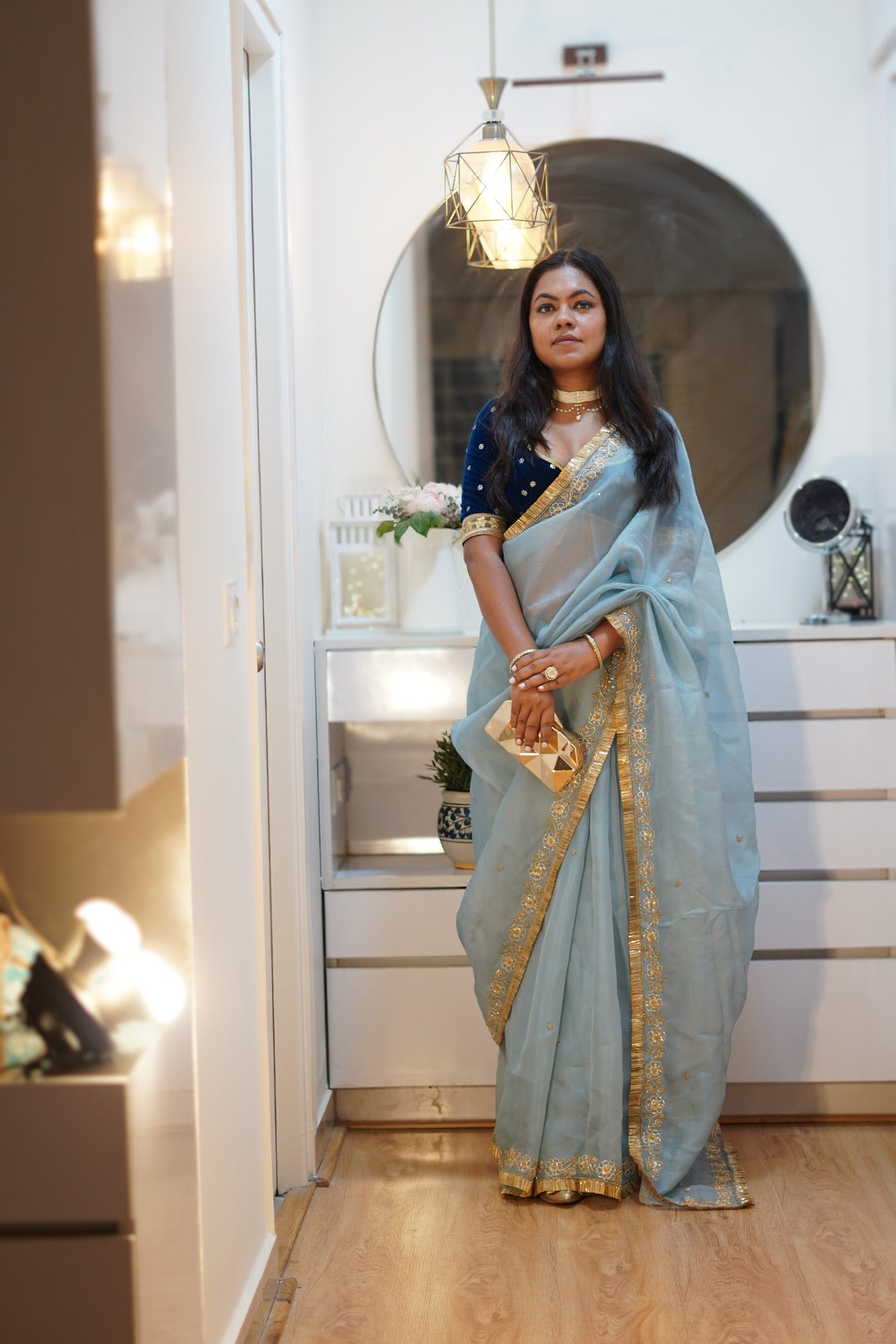 Powder Blue Hand Embrodery Pure Kora Silk Saree