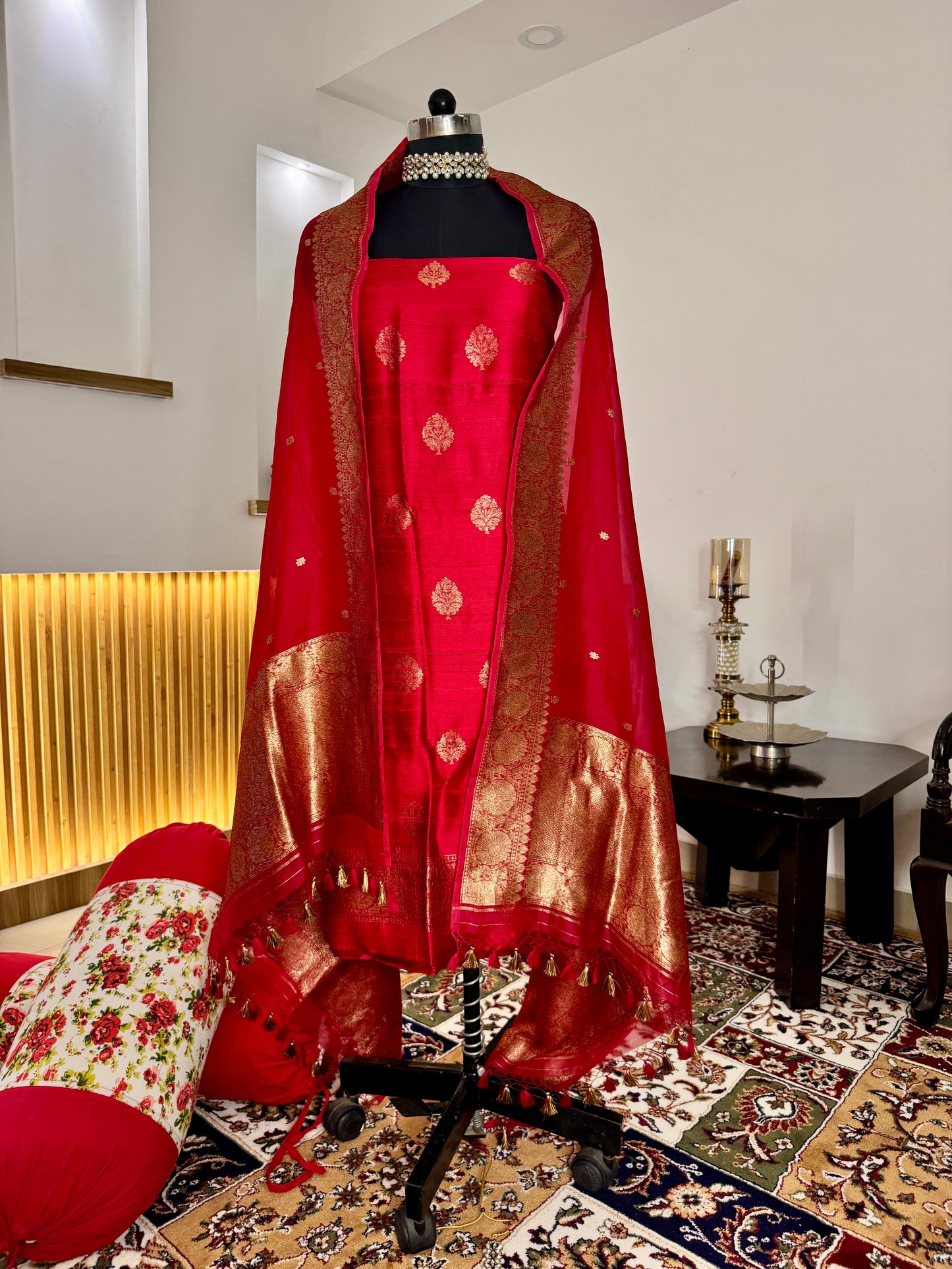 Red Pure Raw Silk Handloom Suit Set with Kora Silk Dupatta