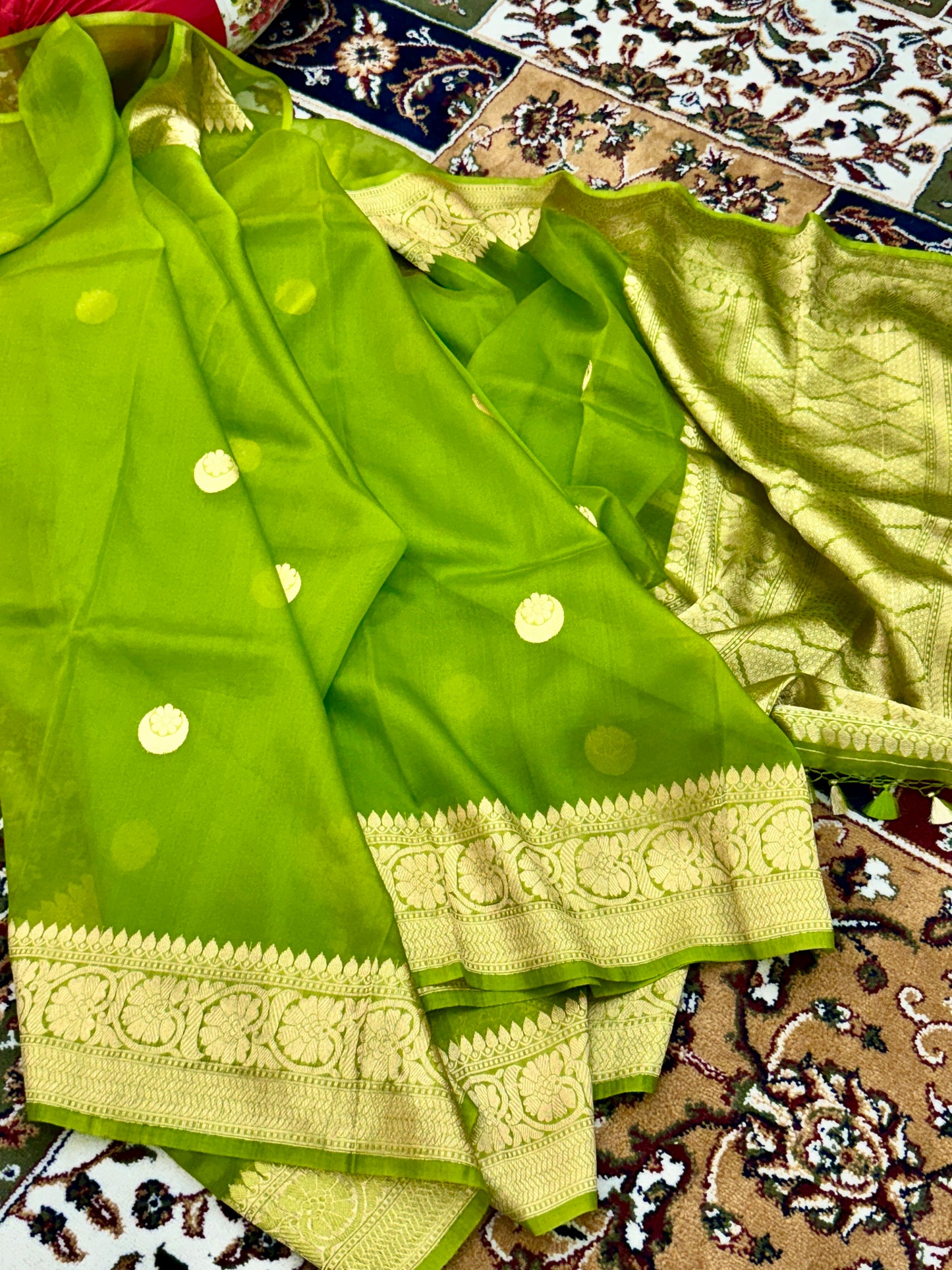 Parrot Green Pure Kora Silk Handloom Banarasi Saree