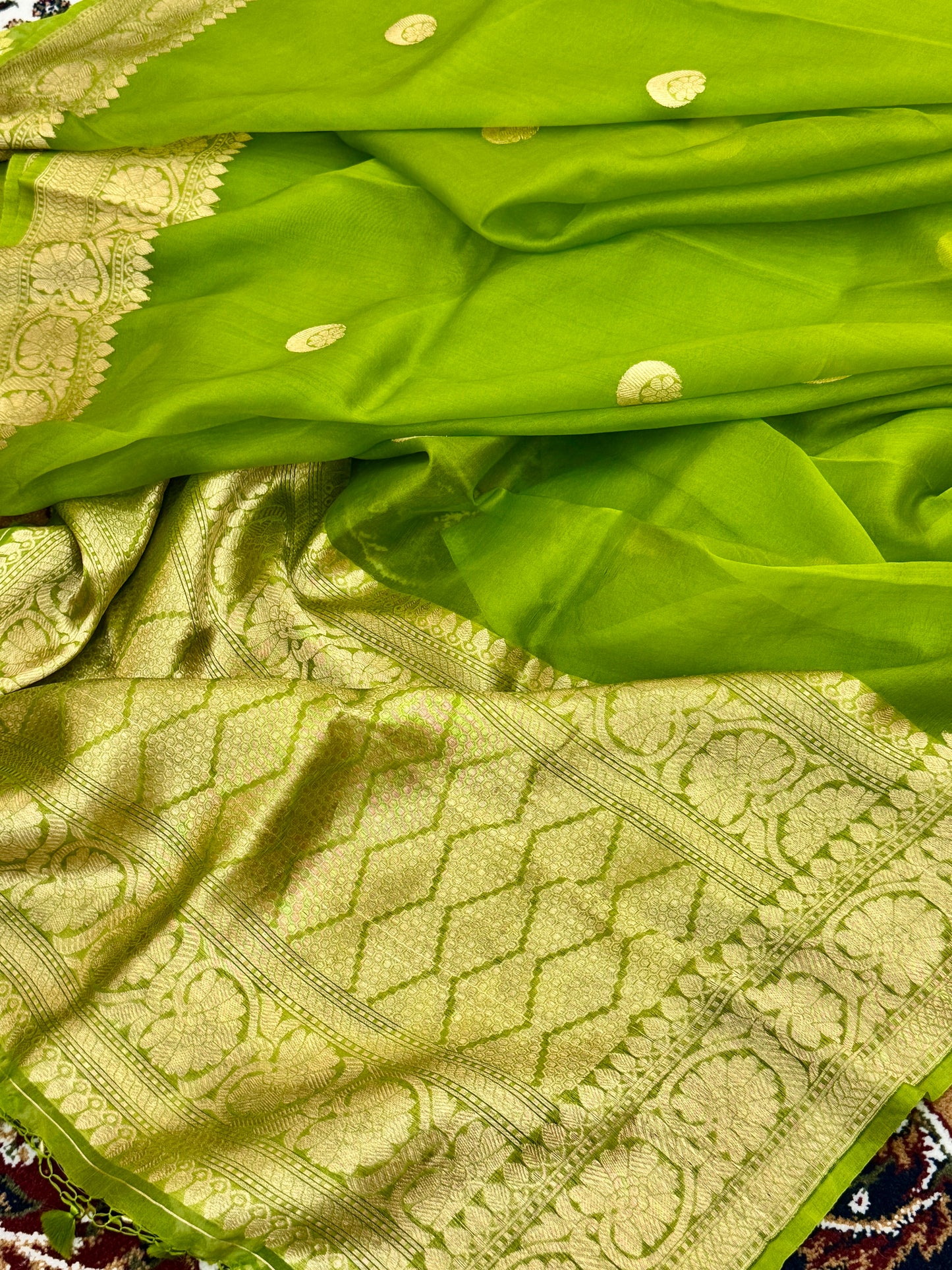 Parrot Green Pure Kora Silk Handloom Banarasi Saree