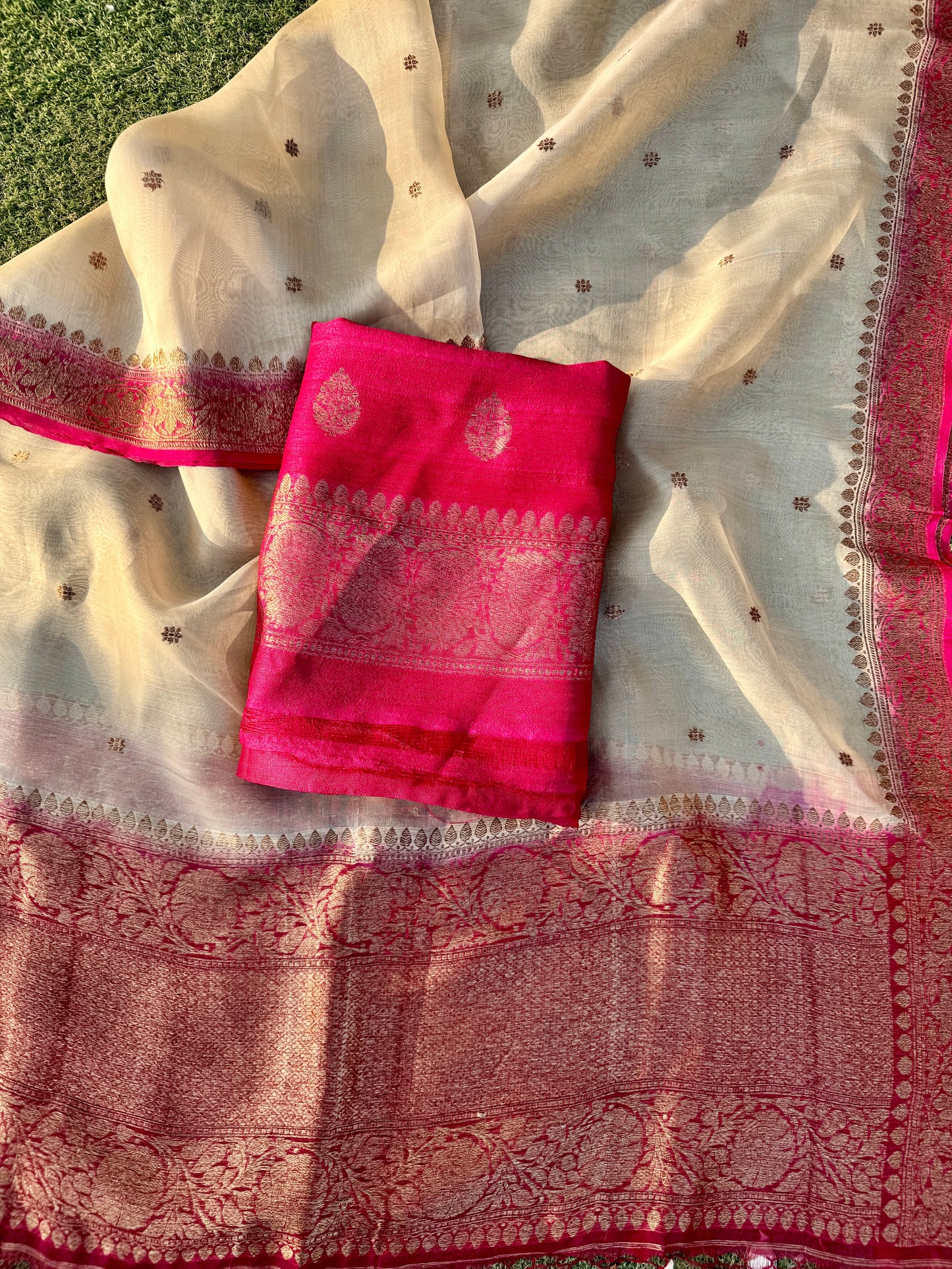 Magenta Pink and Beige Pure Tussar Silk Handloom Suit