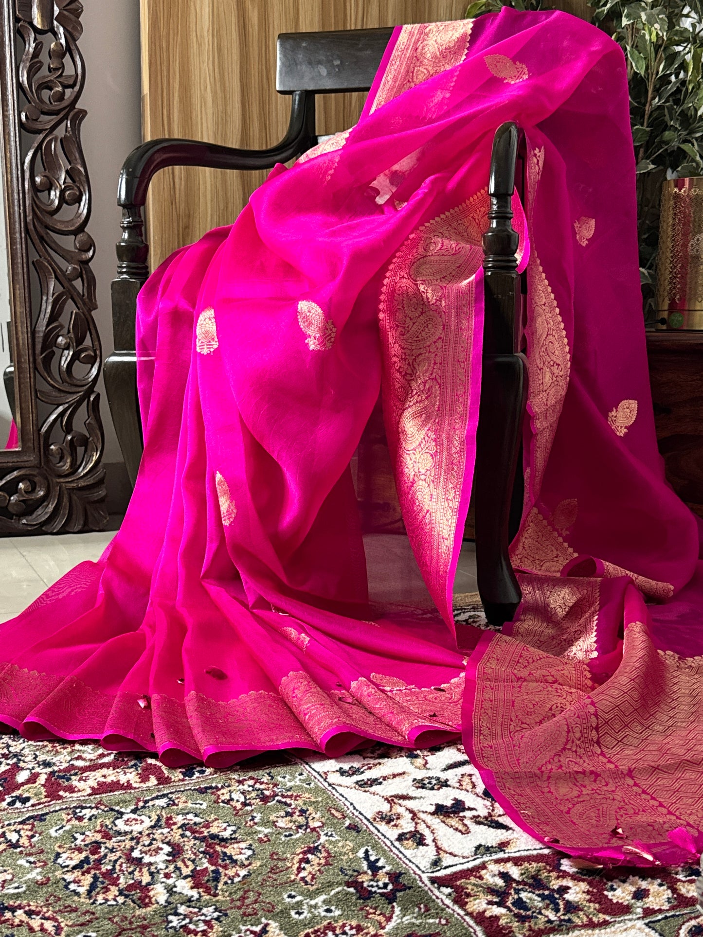 Rani Pink Kora Silk Handloom Banarasi Saree