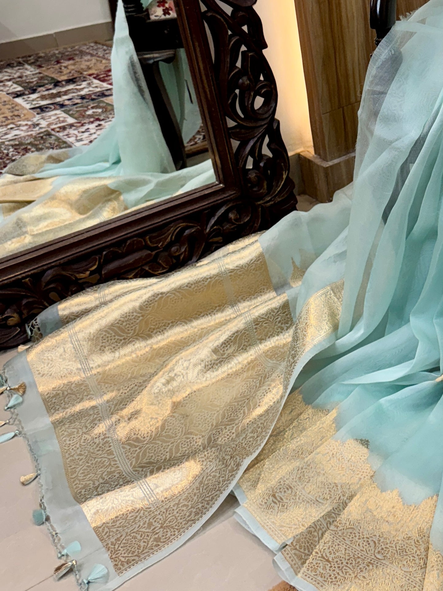 Sea Green Pure Kora Silk Handloom Banarasi Saree