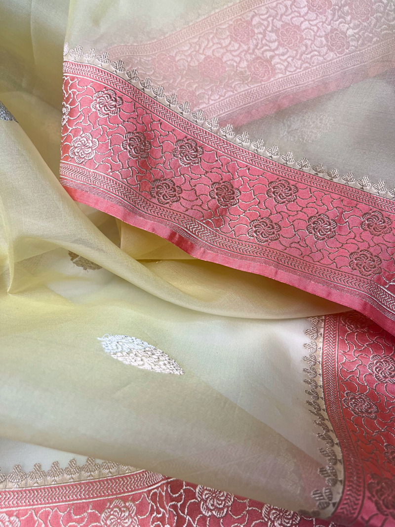 Light Yellow and Pure Kora Silk Handwoven Banarasi Saree