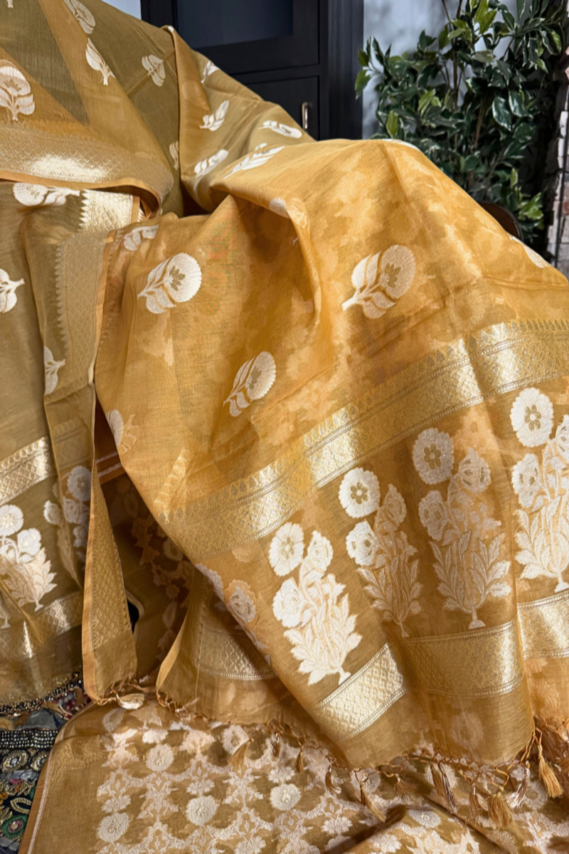 Chestnut Brown Pure Kora Cotton Handloom Banarasi Suit Set