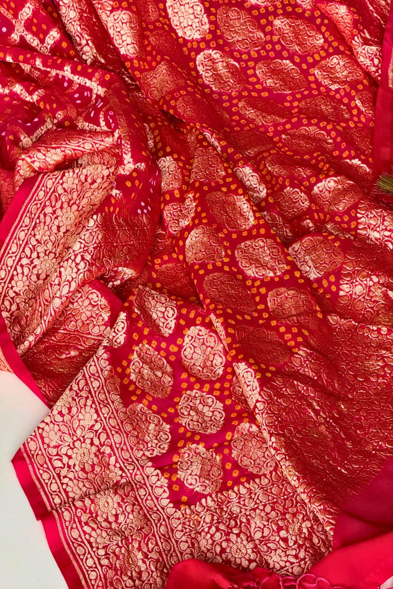Red Pure Khaddi Georgette Banarasi Bandhej Handwoven Saree