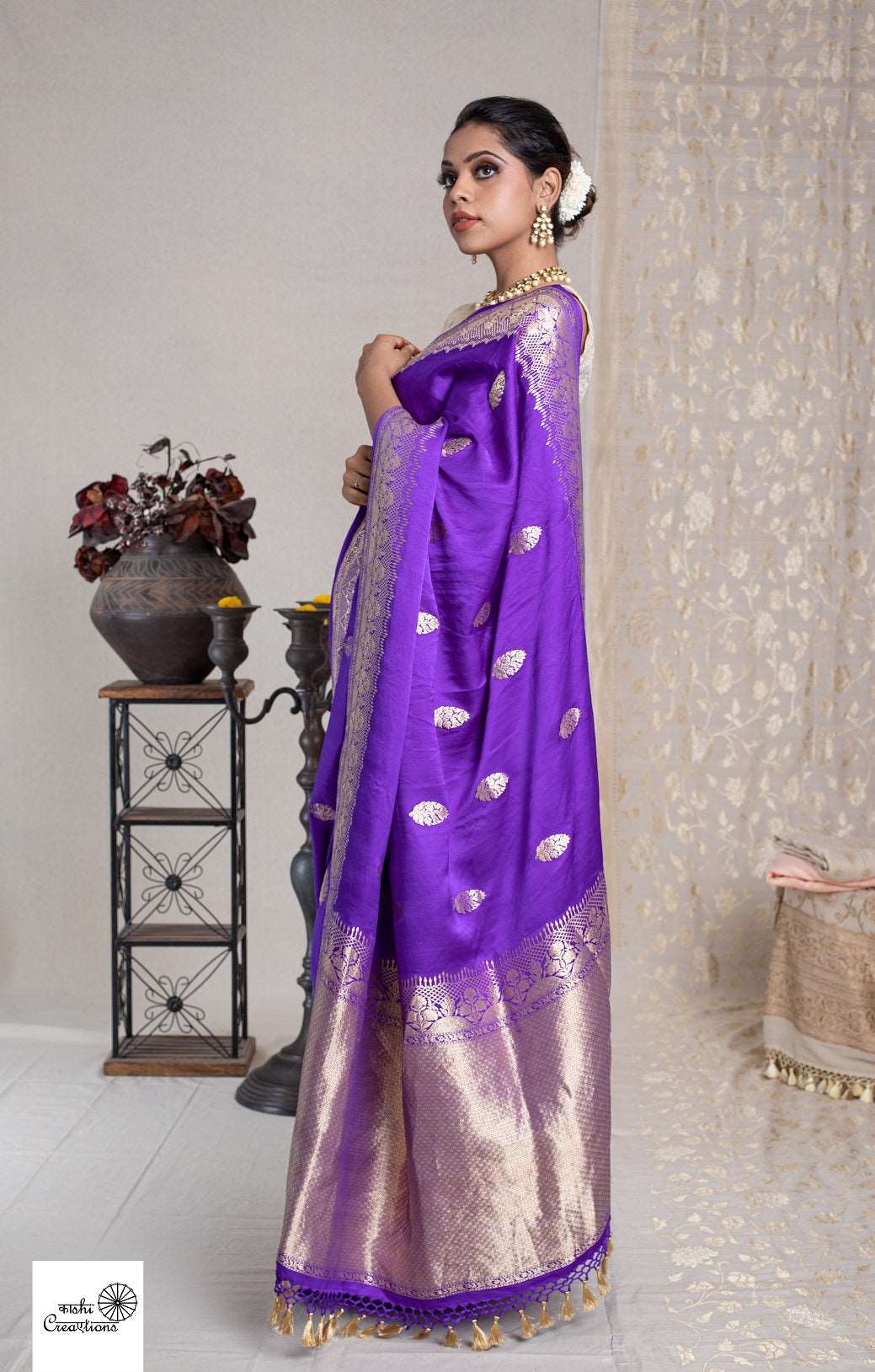 BLUISH PURPLE PURE SATIN SILK DESIGNER HANDLOOM SAREE