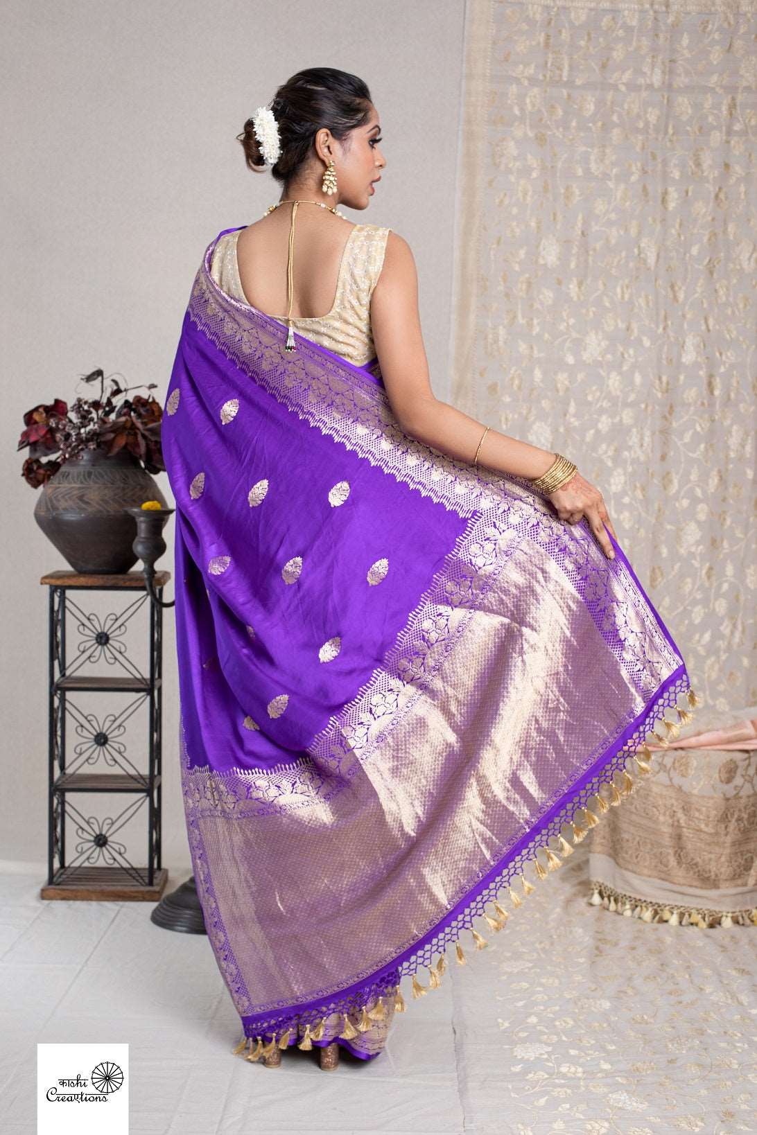 BLUISH PURPLE PURE SATIN SILK DESIGNER HANDLOOM SAREE