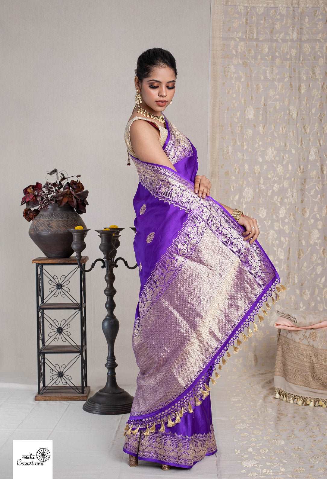 BLUISH PURPLE PURE SATIN SILK DESIGNER HANDLOOM SAREE