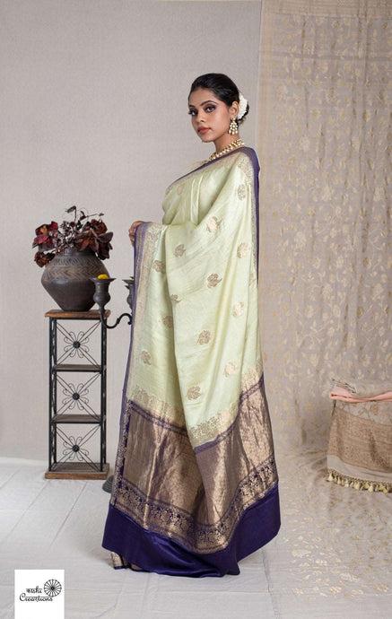 Light Green and Blue Pure Satin Silk Handloom Banarasi Silk Saree