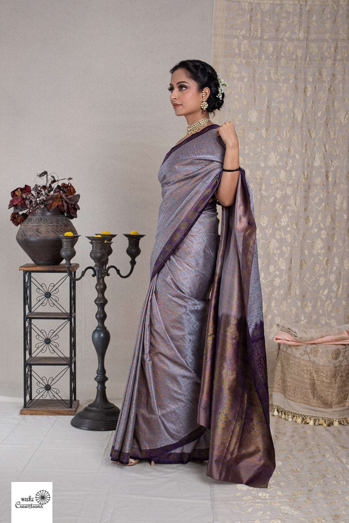 Light dark Purple Tanchoi Jamawar Handloom Silk Saree