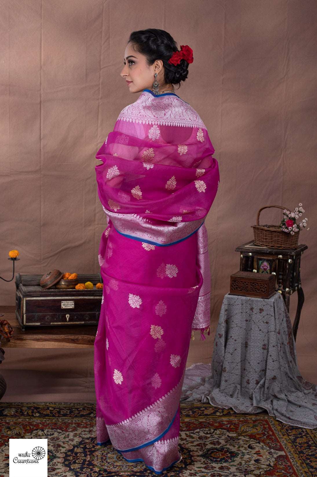 Magenta Pink Pure Kora Silk Handloom Khadwa Banarasi Sarees